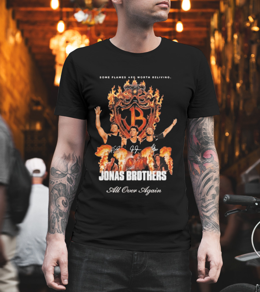 Jonas Brothers Some Flames Are Worth Beliving Tour Flame Signatures All Over Again T-Shirt