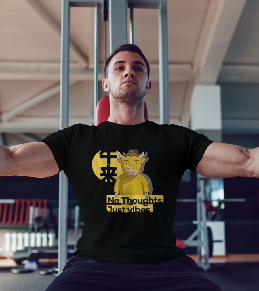 Niu Lai No Thoughts Just Vibes Yellow Cow Humor T-Shirt
