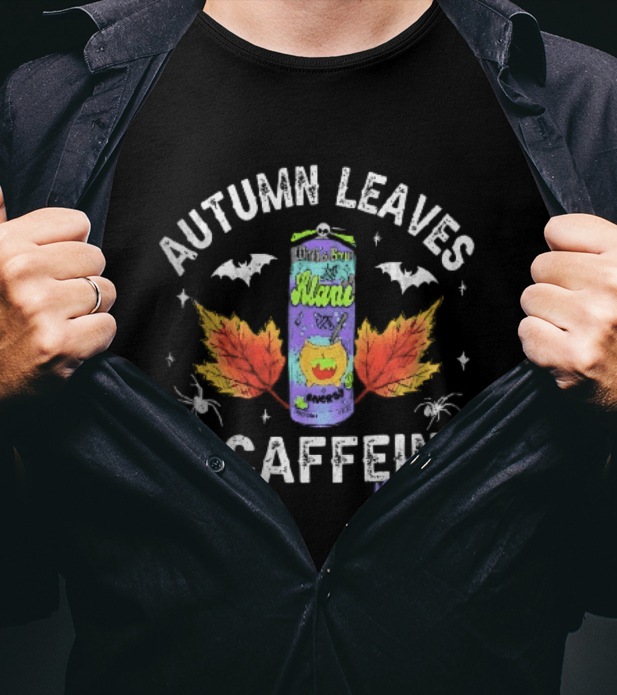 Autumn Leaves Caffeine Please Witchs Brew Energy Drink Can Bats Spiders Orange T-Shirt