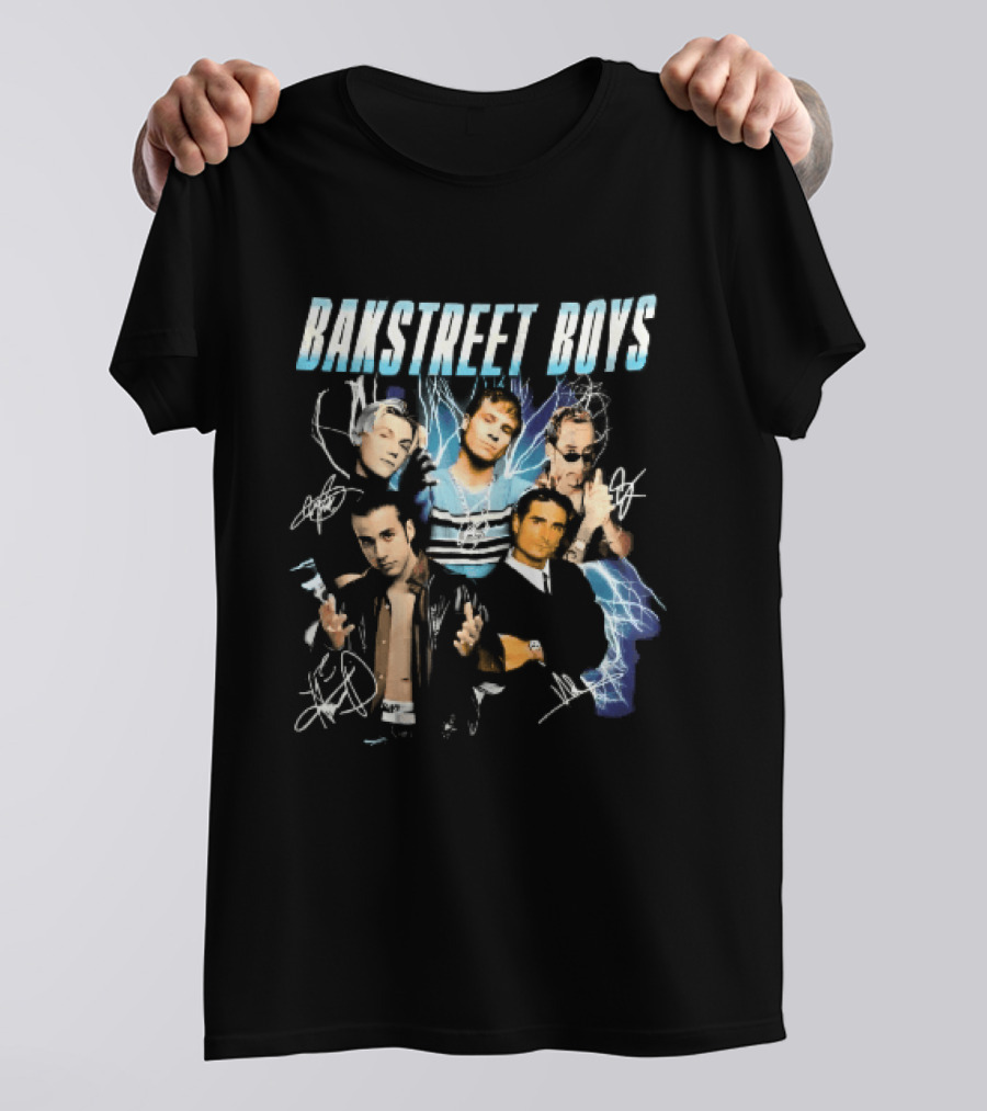 Bakstreet Boys Band Collage Lightning Autographs Bootleg T-Shirt