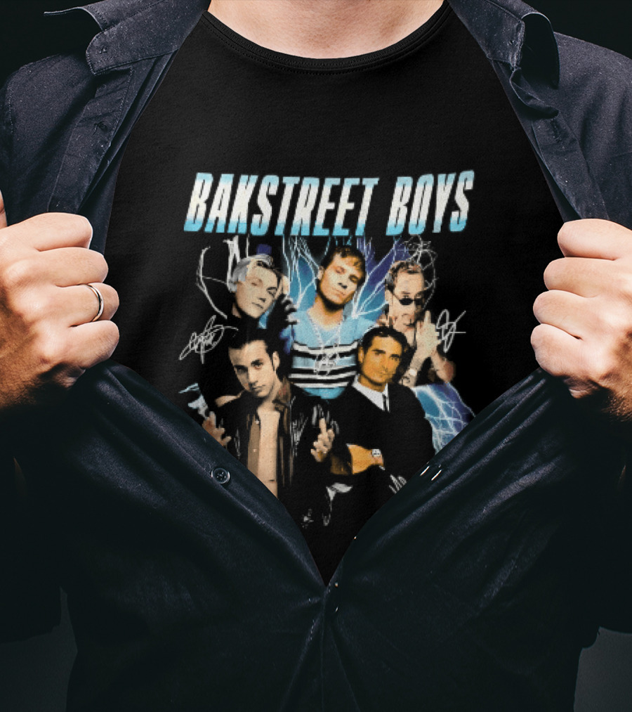 Bakstreet Boys Band Collage Lightning Autographs Bootleg T-Shirt