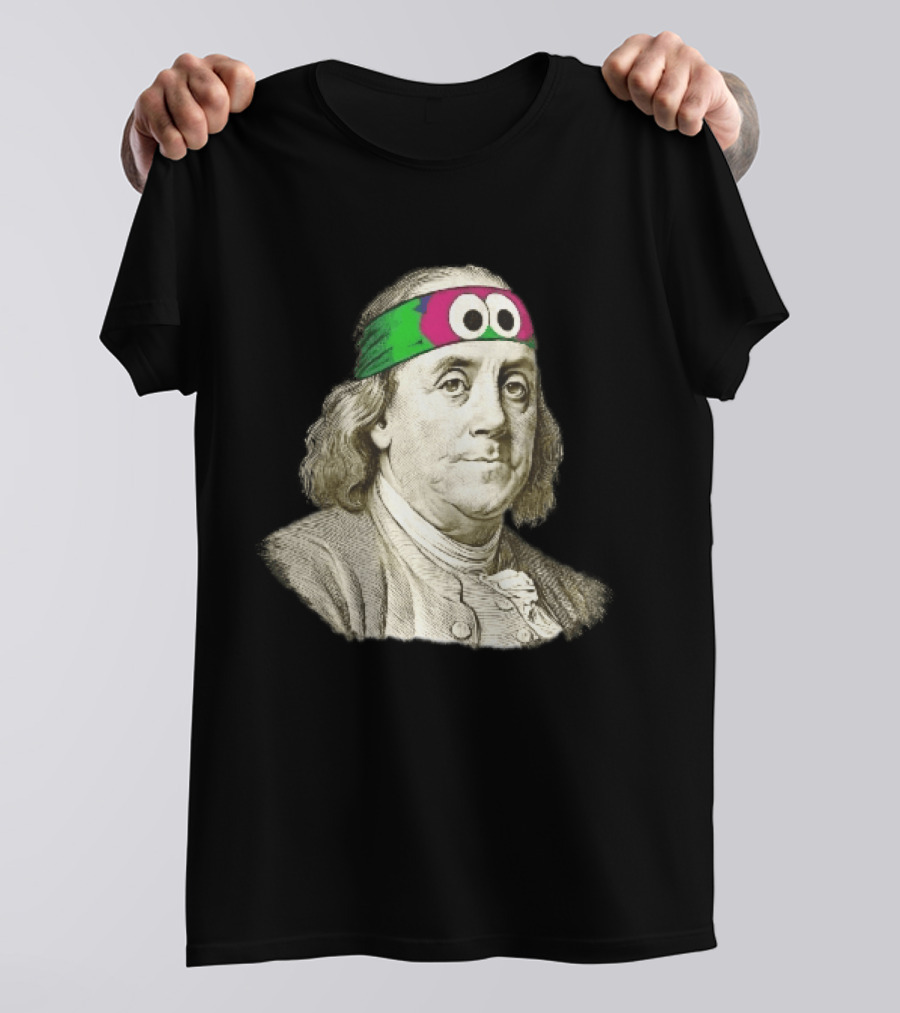 Benjamin Franklin Cartoon With Colorful Ninja Headband And Googly Eyes T-Shirt