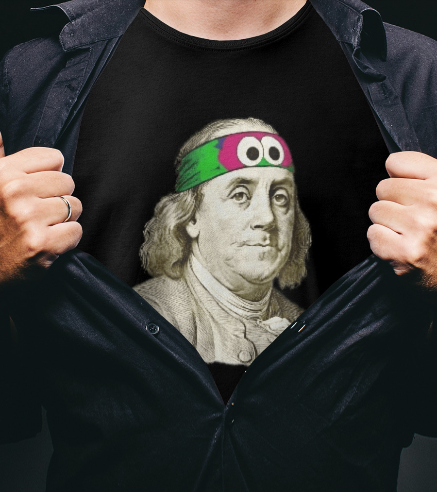 Benjamin Franklin Cartoon With Colorful Ninja Headband And Googly Eyes T-Shirt