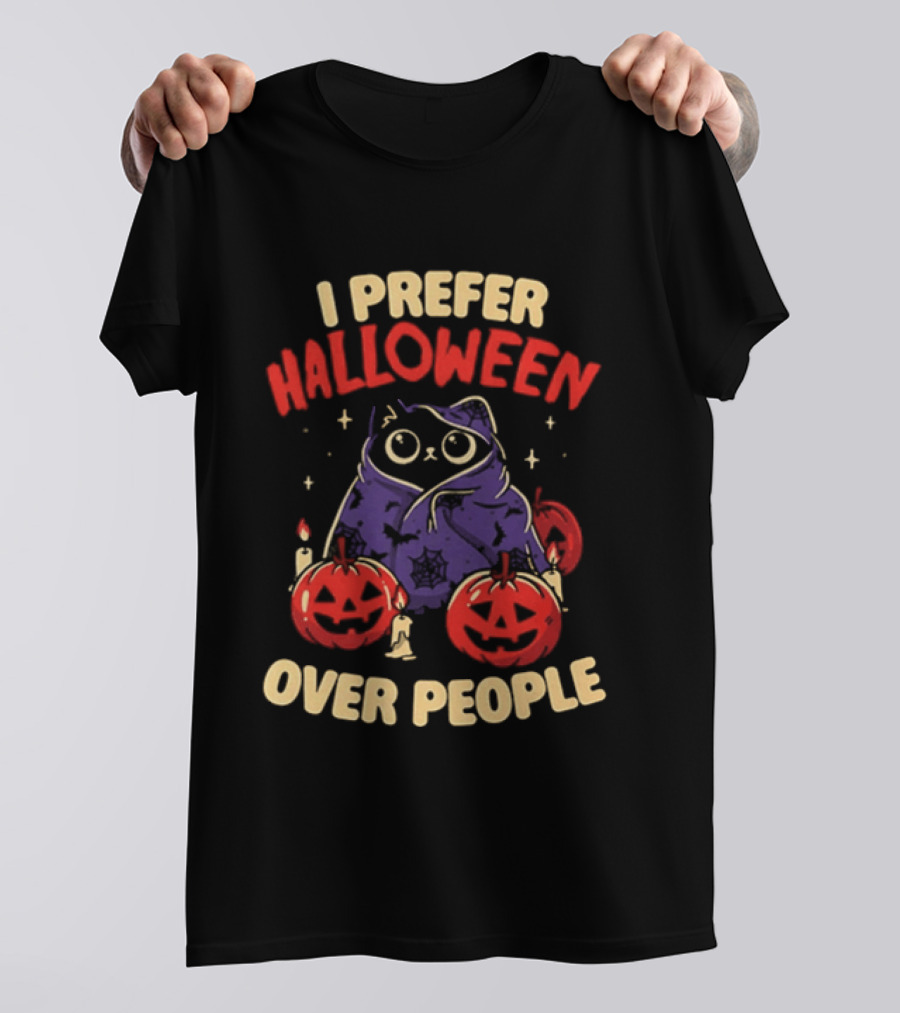 I Prefer Halloween Over People Black Cat Pumpkin Candles T-Shirt