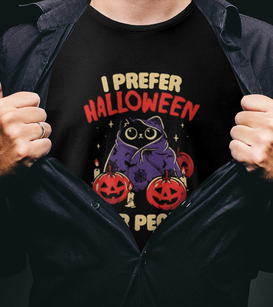 I Prefer Halloween Over People Black Cat Pumpkin Candles T-Shirt