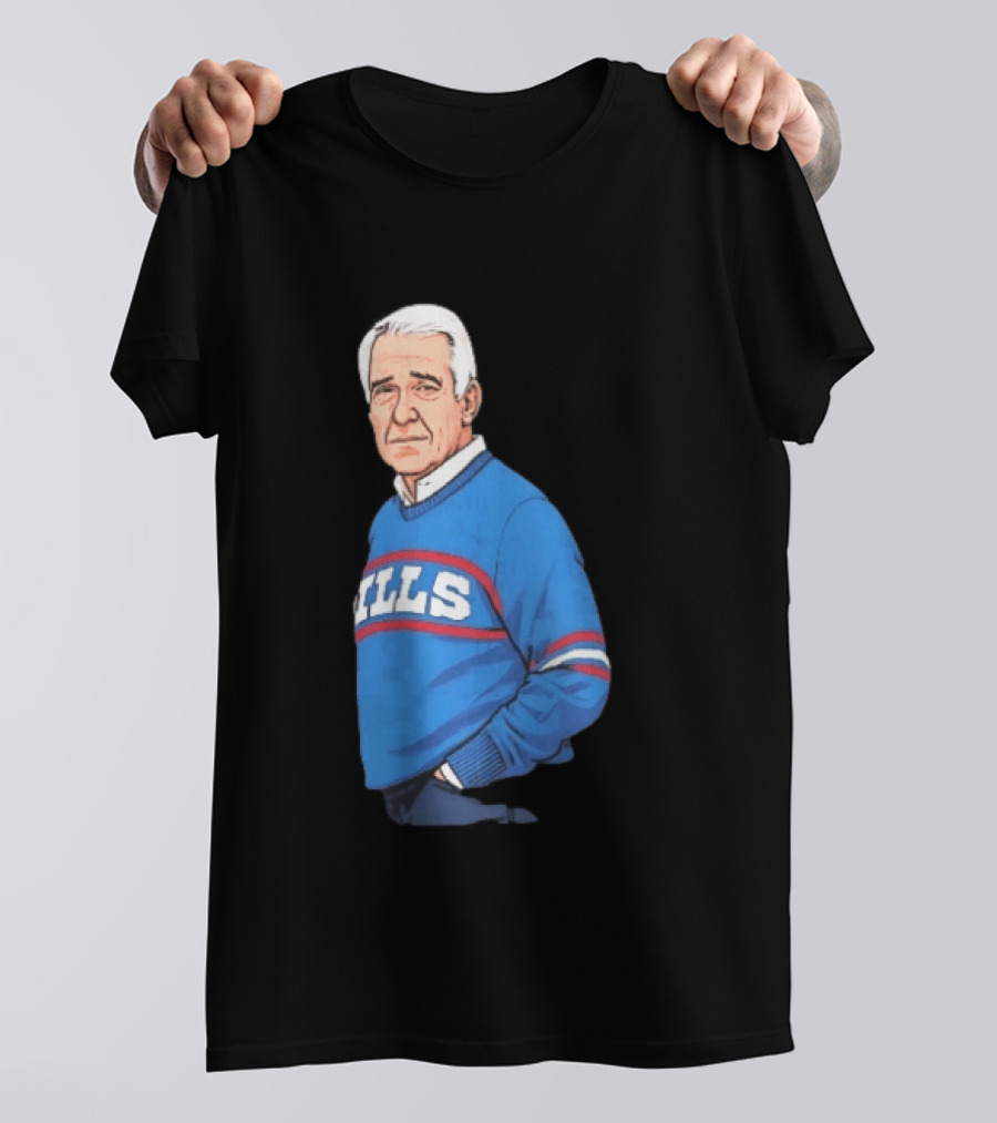 Buffalo Bills Coach Marv Levy Caricature In Blue Sweater With Team Name T-Shirt
