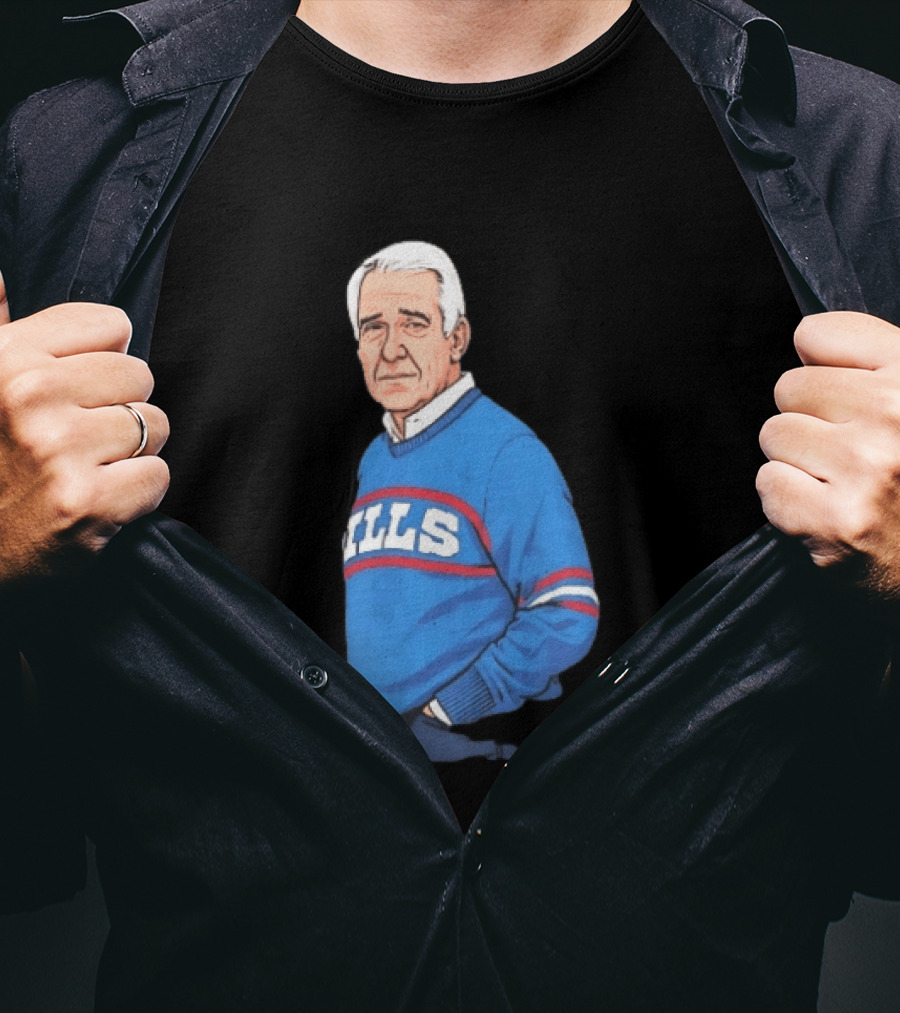Buffalo Bills Coach Marv Levy Caricature In Blue Sweater With Team Name T-Shirt