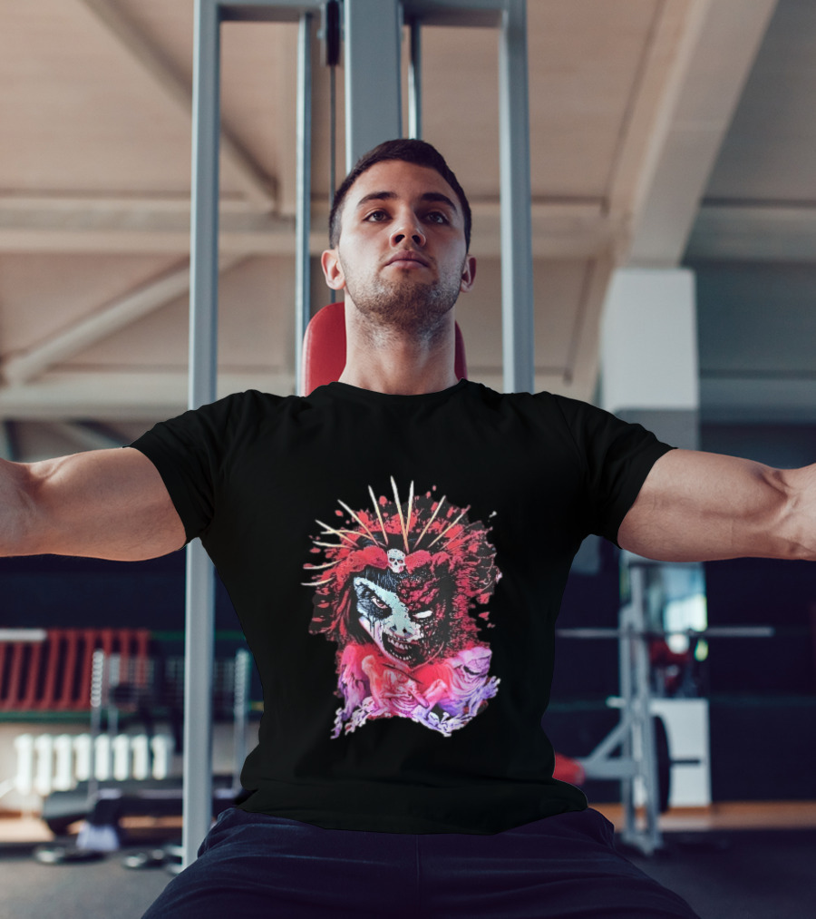 Demonic Japanese Geisha Skull Crown With Red Paint Splatter And Floral T-Shirt