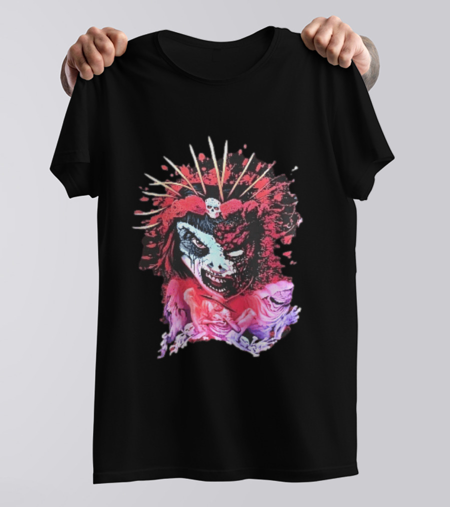 Demonic Japanese Geisha Skull Crown With Red Paint Splatter And Floral T-Shirt