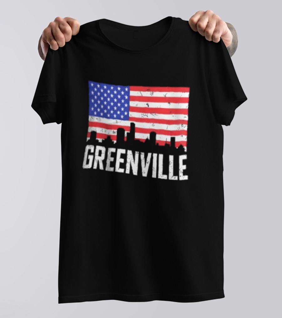 Greenville Skyline American Flag Cityscape T-Shirt