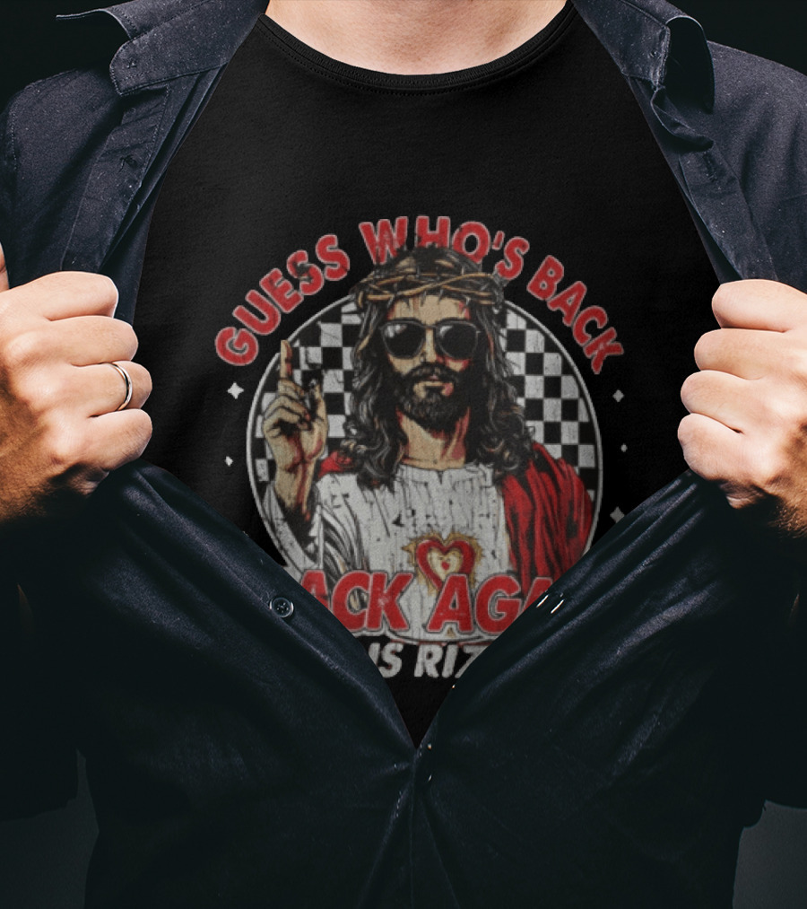 Guess Who's Back Back Again He Is Rizzen Jesus Retro Sunglasses And Red Cloak T-Shirt