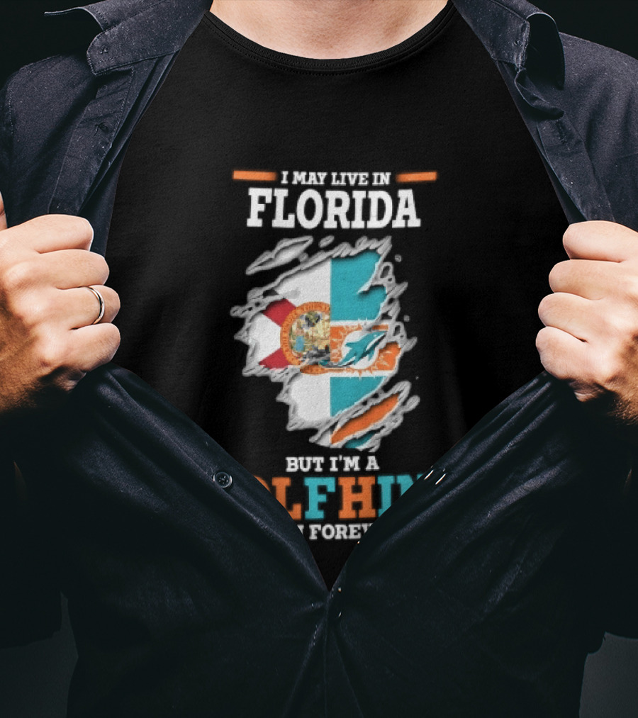 Miami Florida Dolphins Fan Forever Ripped Skin State Flag T-Shirt