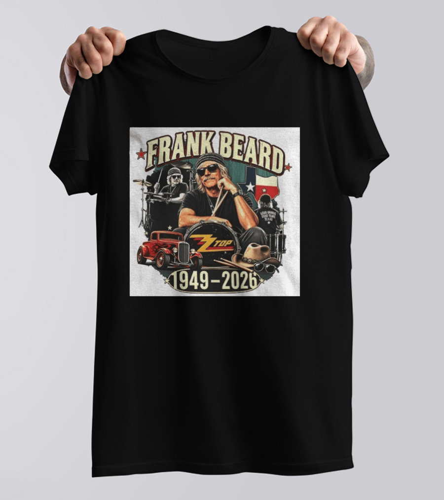 Frank Beard ZZ Top Rock Texas Drummer 1949 2026 Vintage Car And Drumsticks T-Shirt