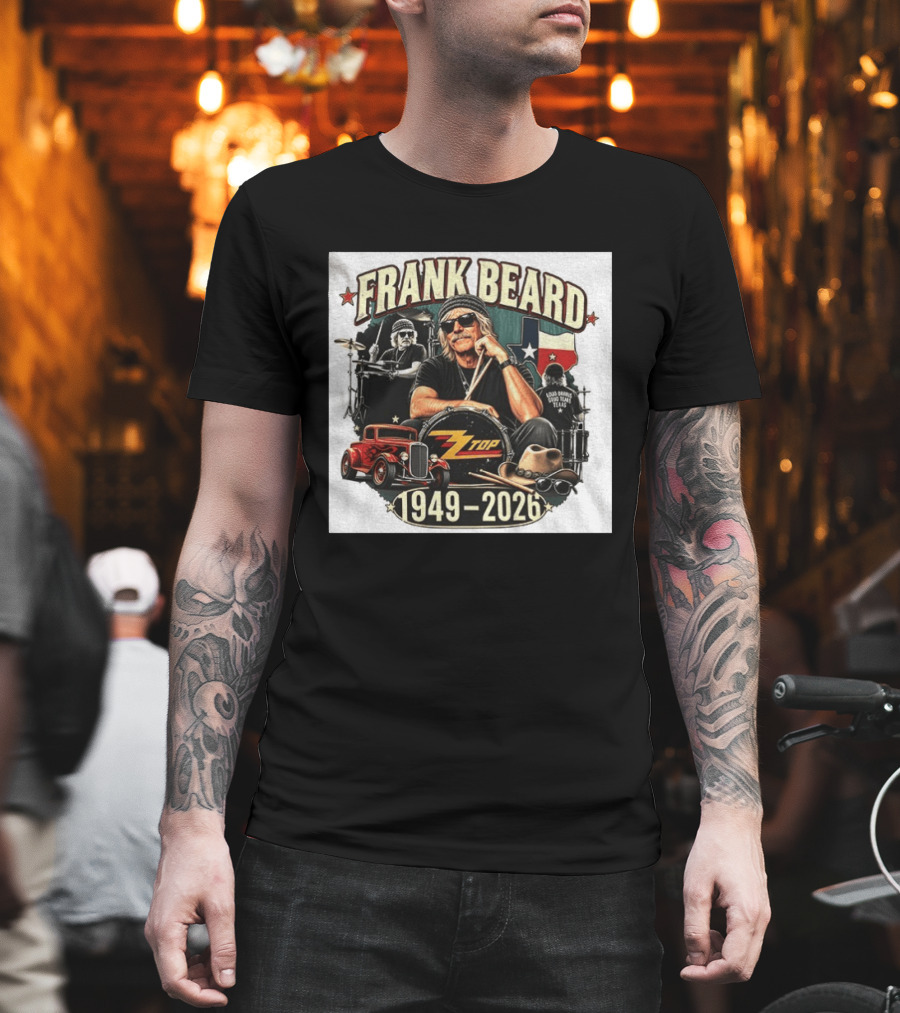 Frank Beard ZZ Top Rock Texas Drummer 1949 2026 Vintage Car And Drumsticks T-Shirt