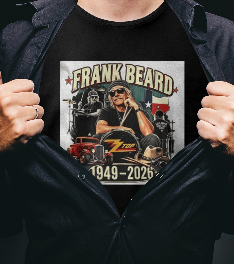 Frank Beard ZZ Top Rock Texas Drummer 1949 2026 Vintage Car And Drumsticks T-Shirt