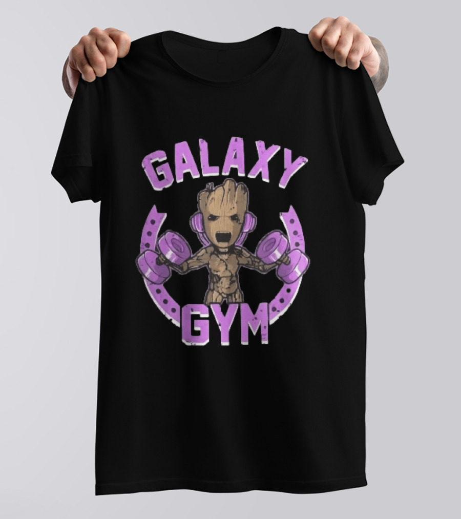 Galaxy Gym Cartoon Tree Lifting Dumbbells Headphones T-Shirt