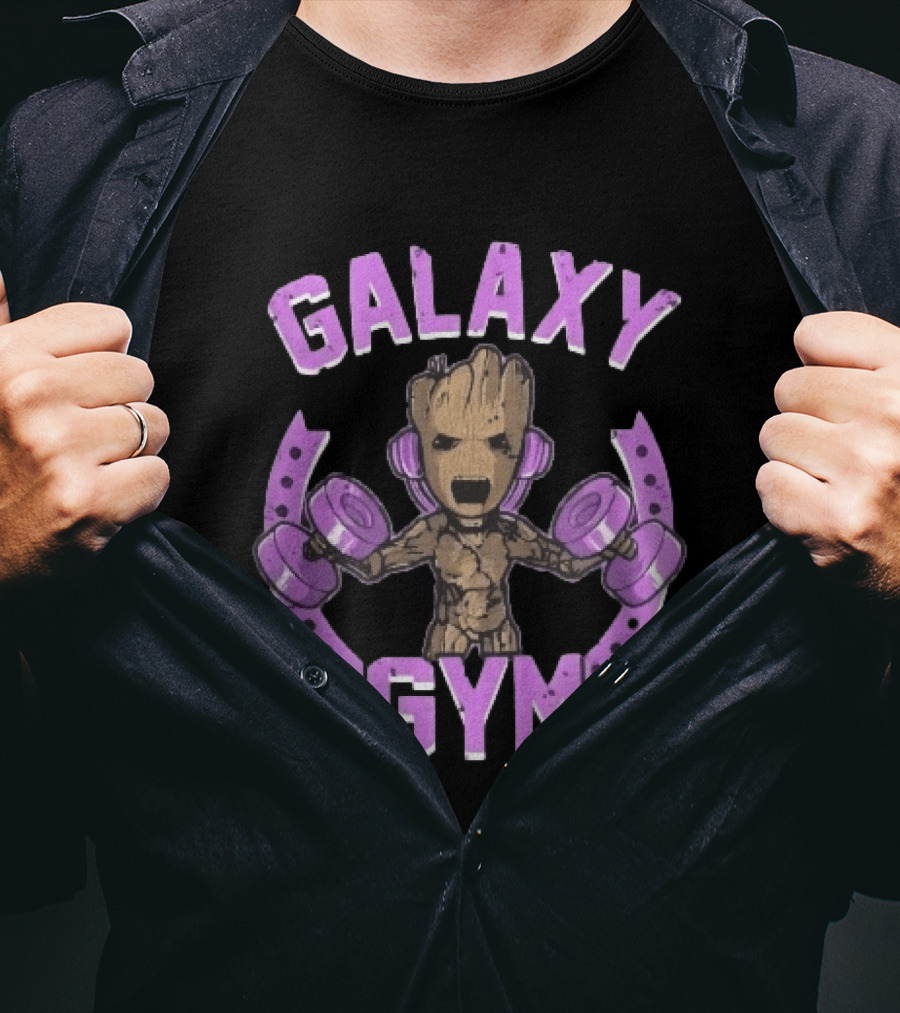 Galaxy Gym Cartoon Tree Lifting Dumbbells Headphones T-Shirt