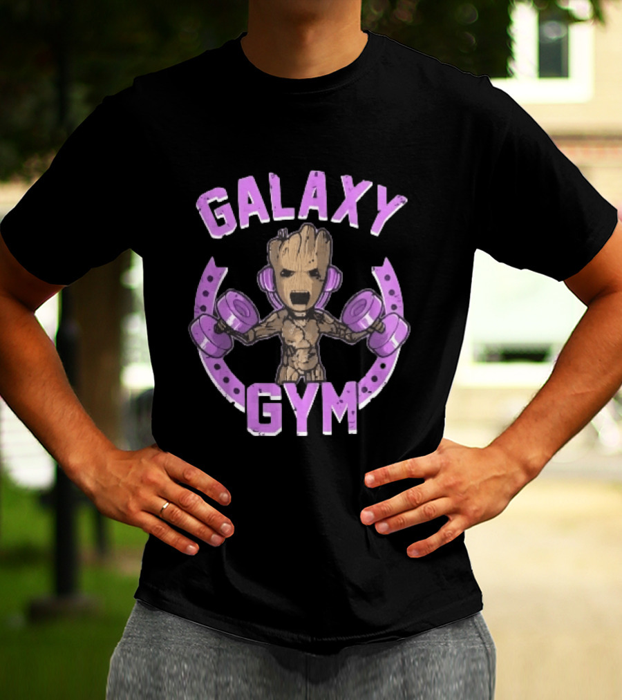 Galaxy Gym Cartoon Tree Lifting Dumbbells Headphones T-Shirt