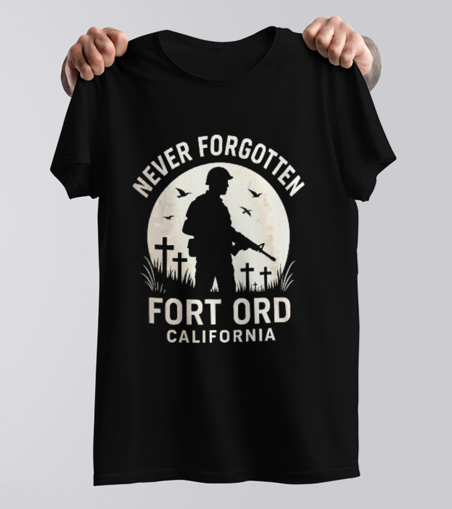 Never Forgotten Fort Ord California Soldier Moon Crosses Birds T-Shirt