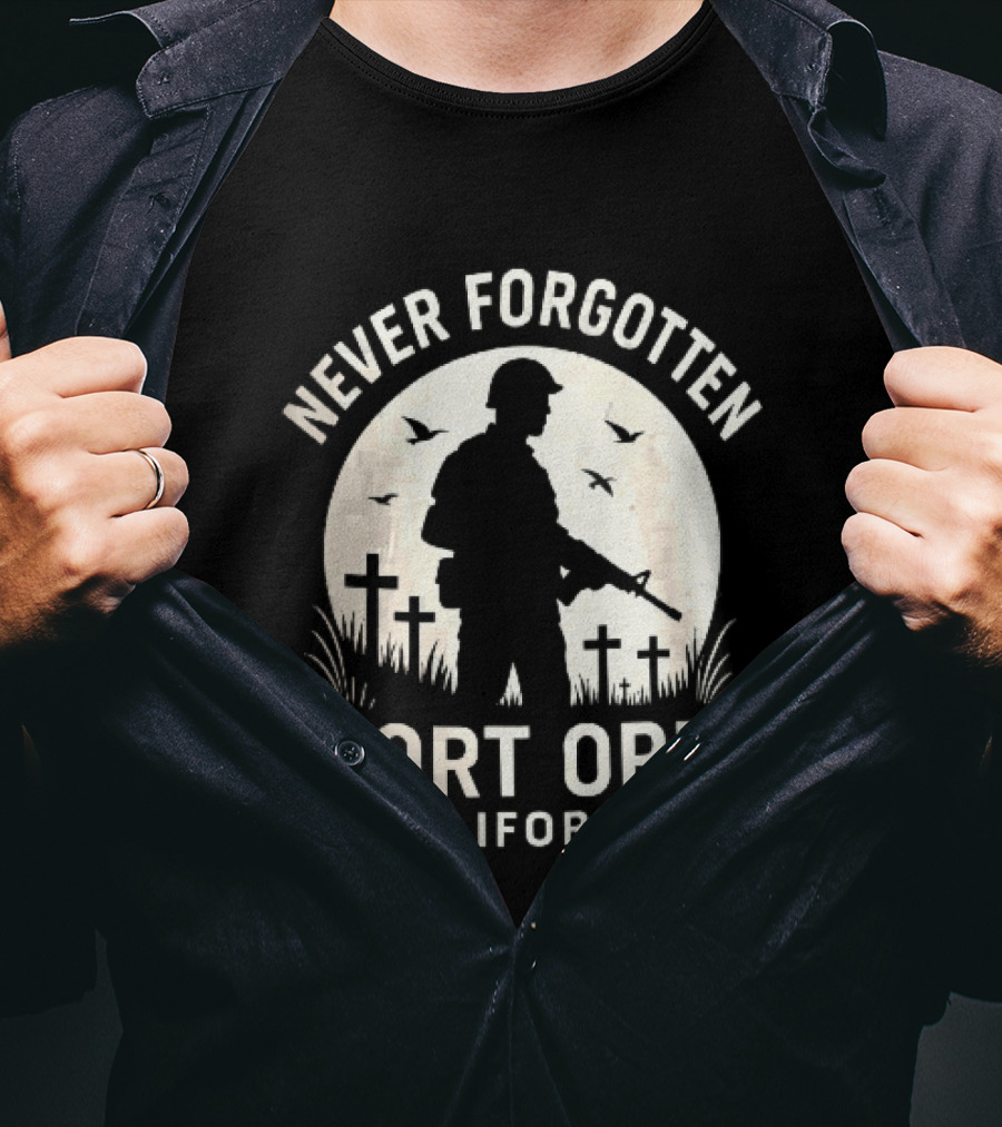 Never Forgotten Fort Ord California Soldier Moon Crosses Birds T-Shirt