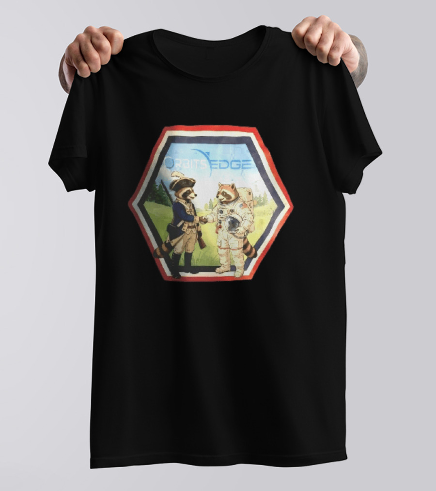 Orbits Edge Raccoon Soldier And Astronaut Handshake Cartoon T-Shirt