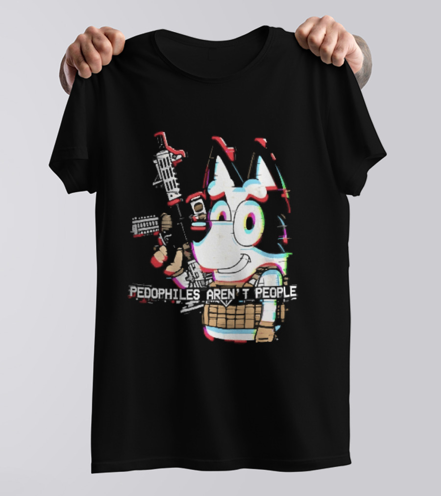 Pedophiles Aren't People Cartoon Dog Tactical Vest Assault Rifle Glitch Effect T-Shirt