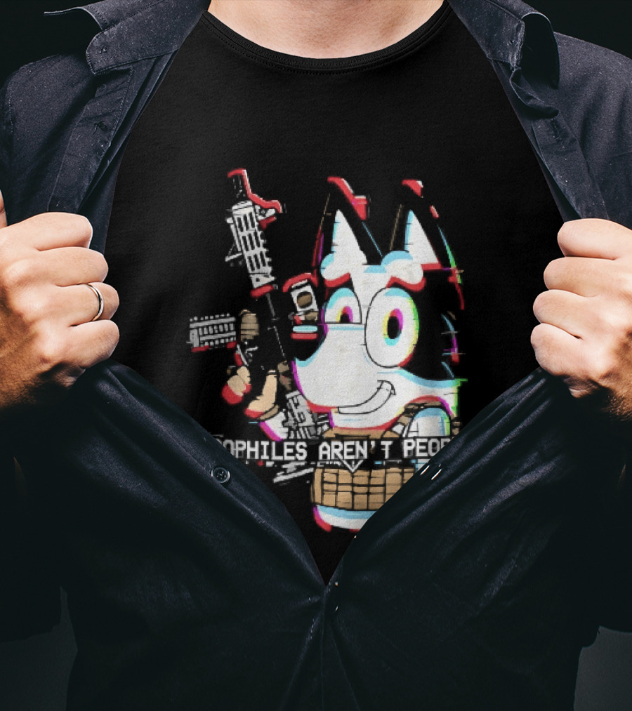 Pedophiles Aren't People Cartoon Dog Tactical Vest Assault Rifle Glitch Effect T-Shirt