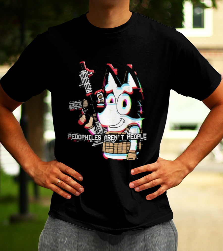 Pedophiles Aren't People Cartoon Dog Tactical Vest Assault Rifle Glitch Effect T-Shirt