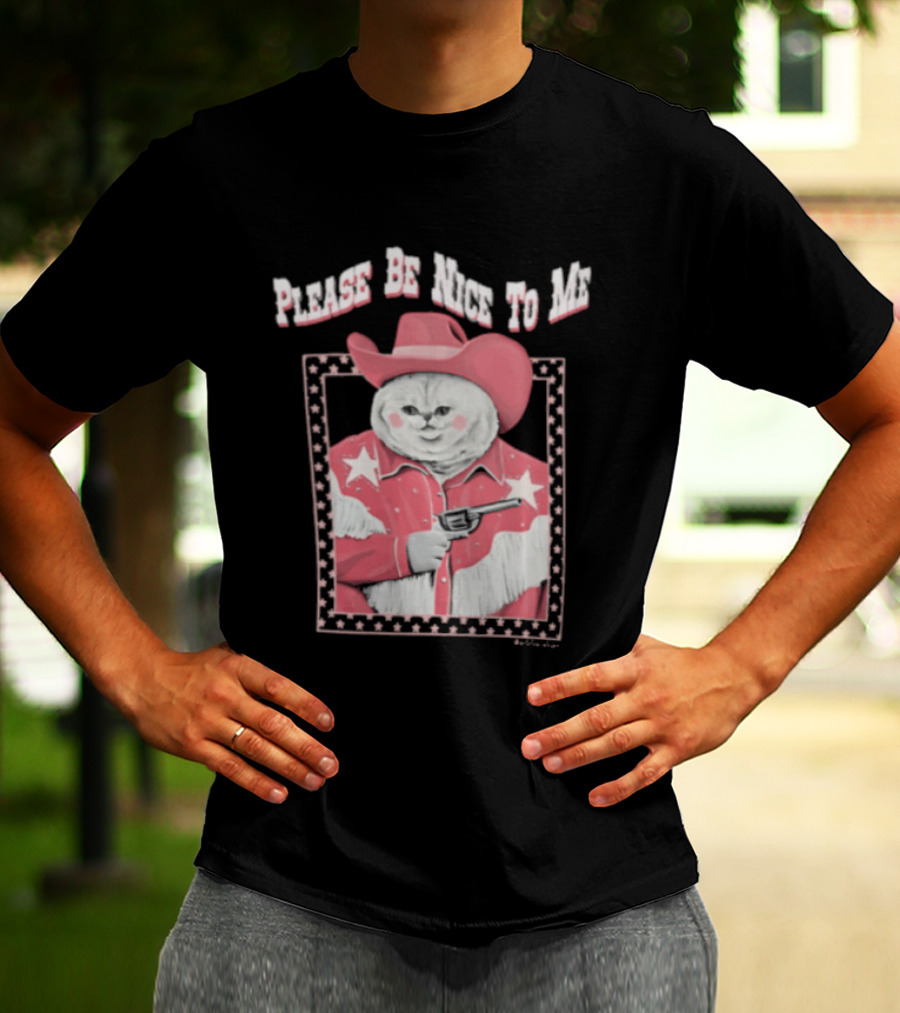 Please Be Nice To Me Cat Cowboy Red Hat Stars Weapon T-Shirt