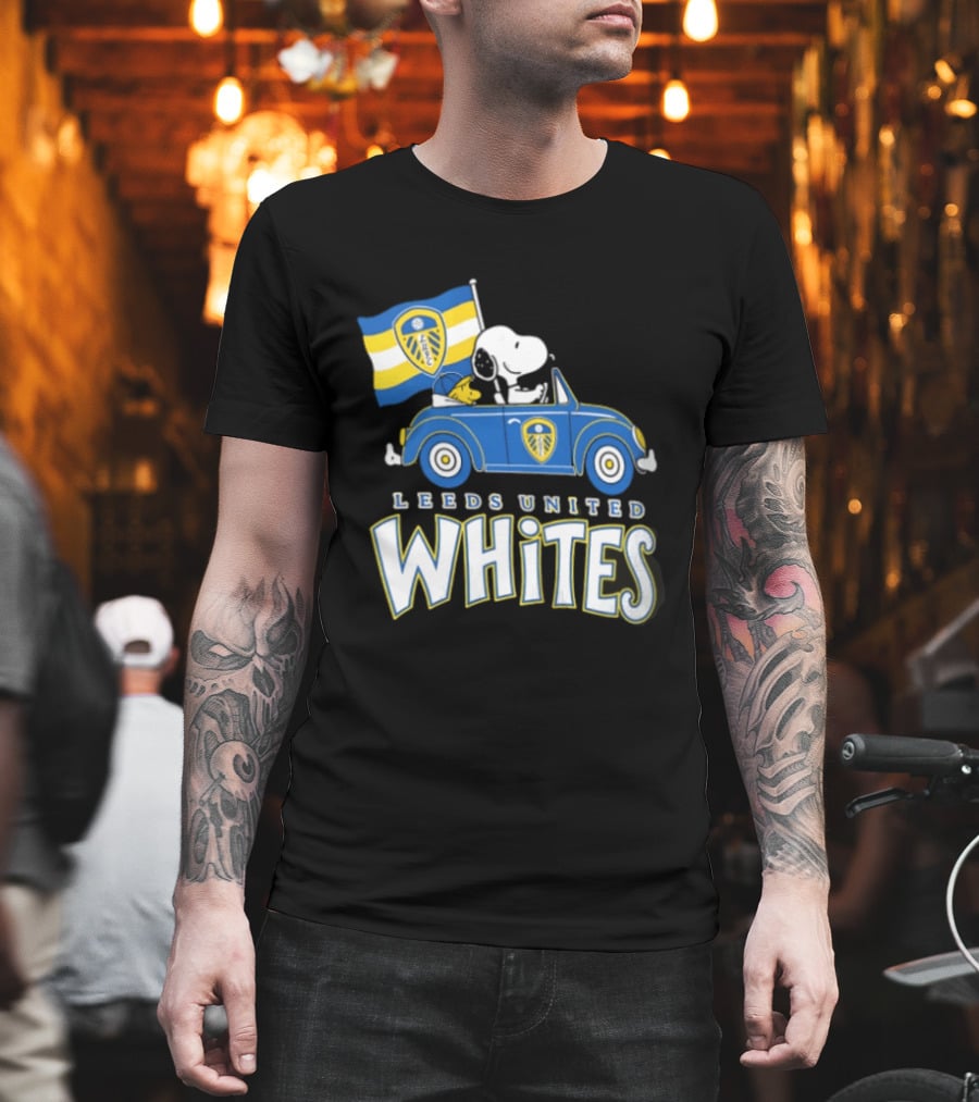 Leeds United Whites Snoopy Car Driving With Flag T-Shirt