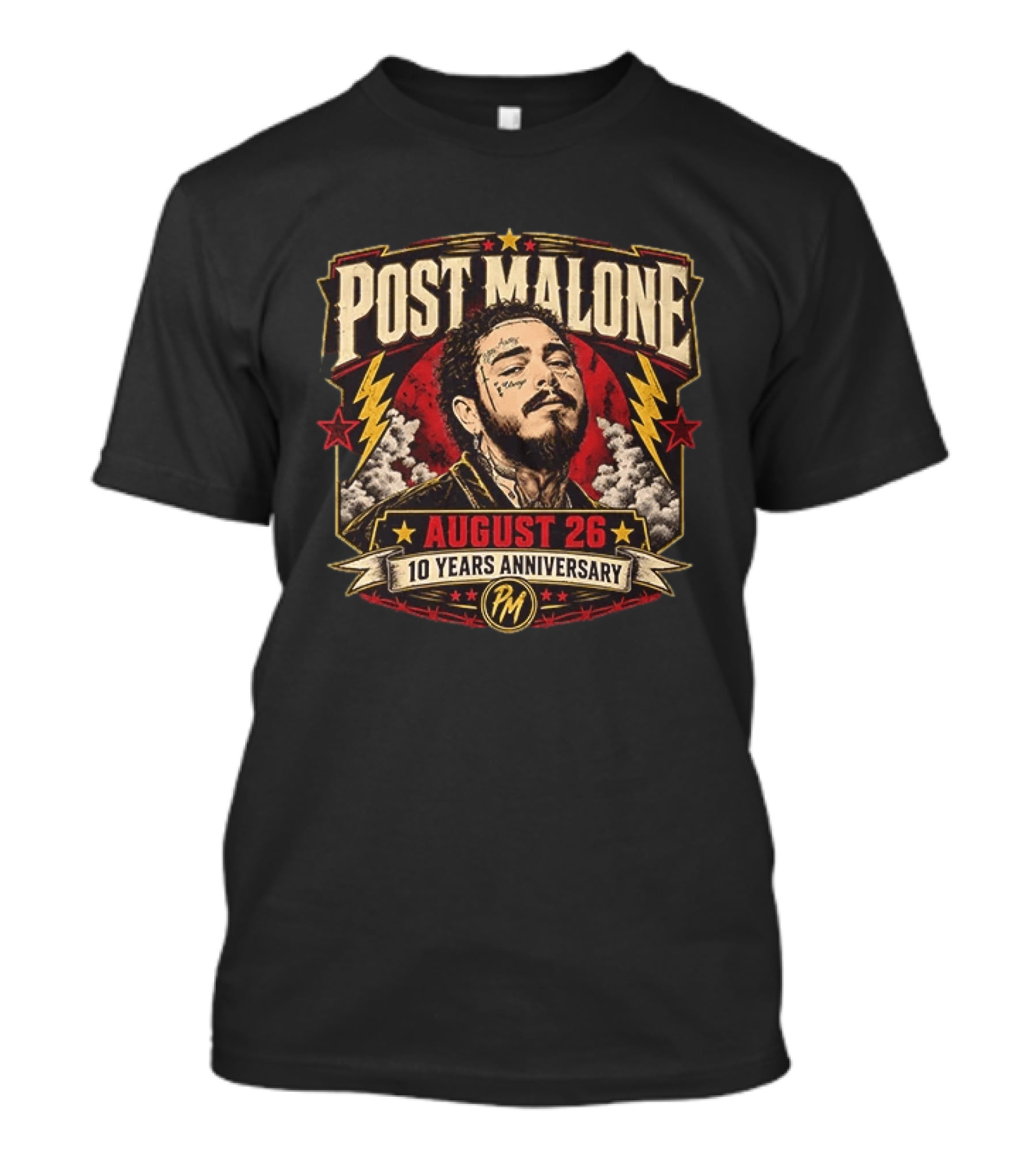 Post Malone August 26 10 Years Anniversary Retro Style Lightning Bolts And Stars T-Shirt