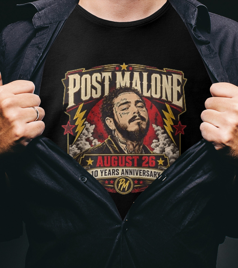 Post Malone August 26 10 Years Anniversary Retro Style Lightning Bolts And Stars T-Shirt