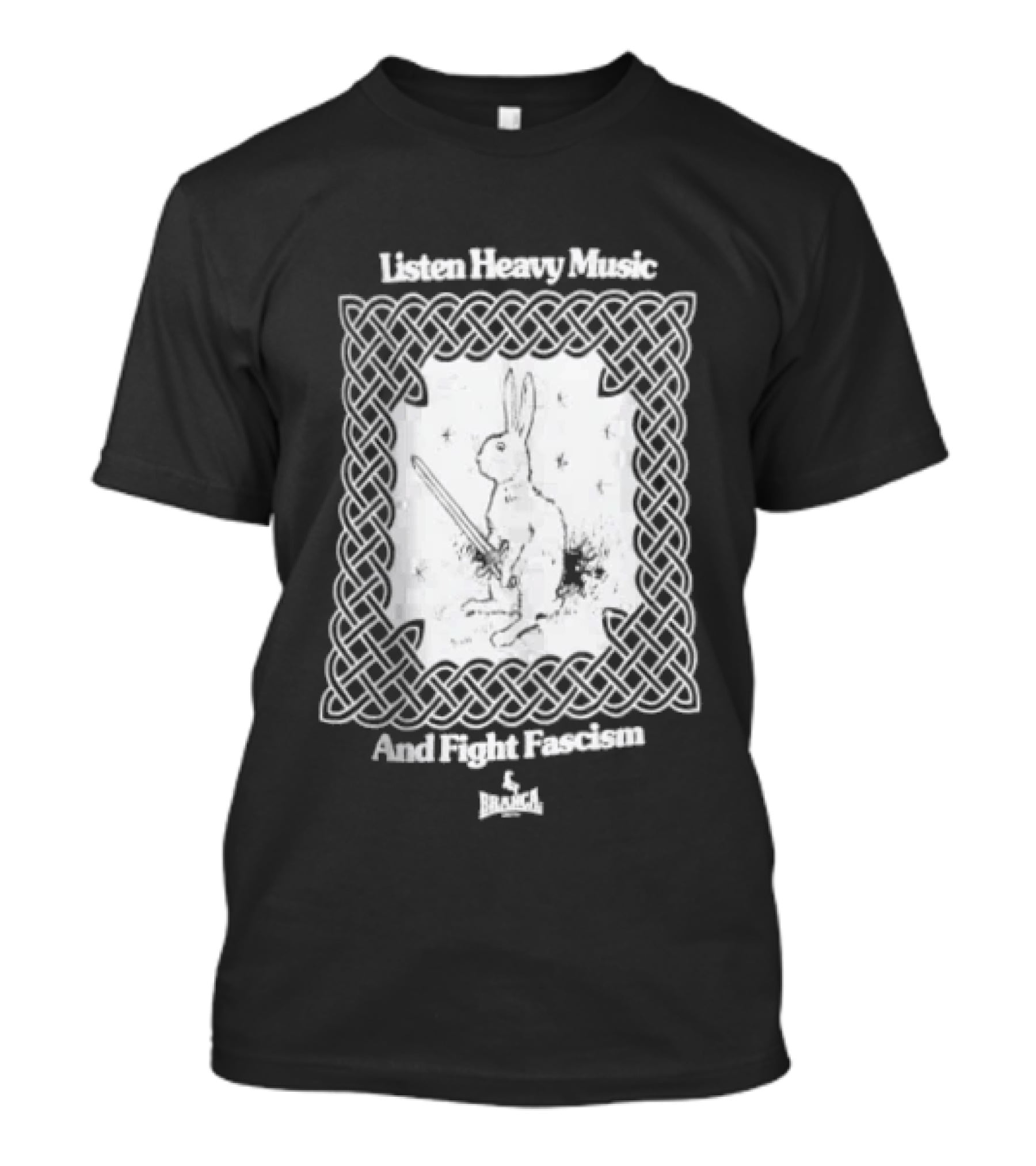 Listen Heavy Music And Fight Fascism Bunny With Sword Celtic Knot Frame T-Shirt