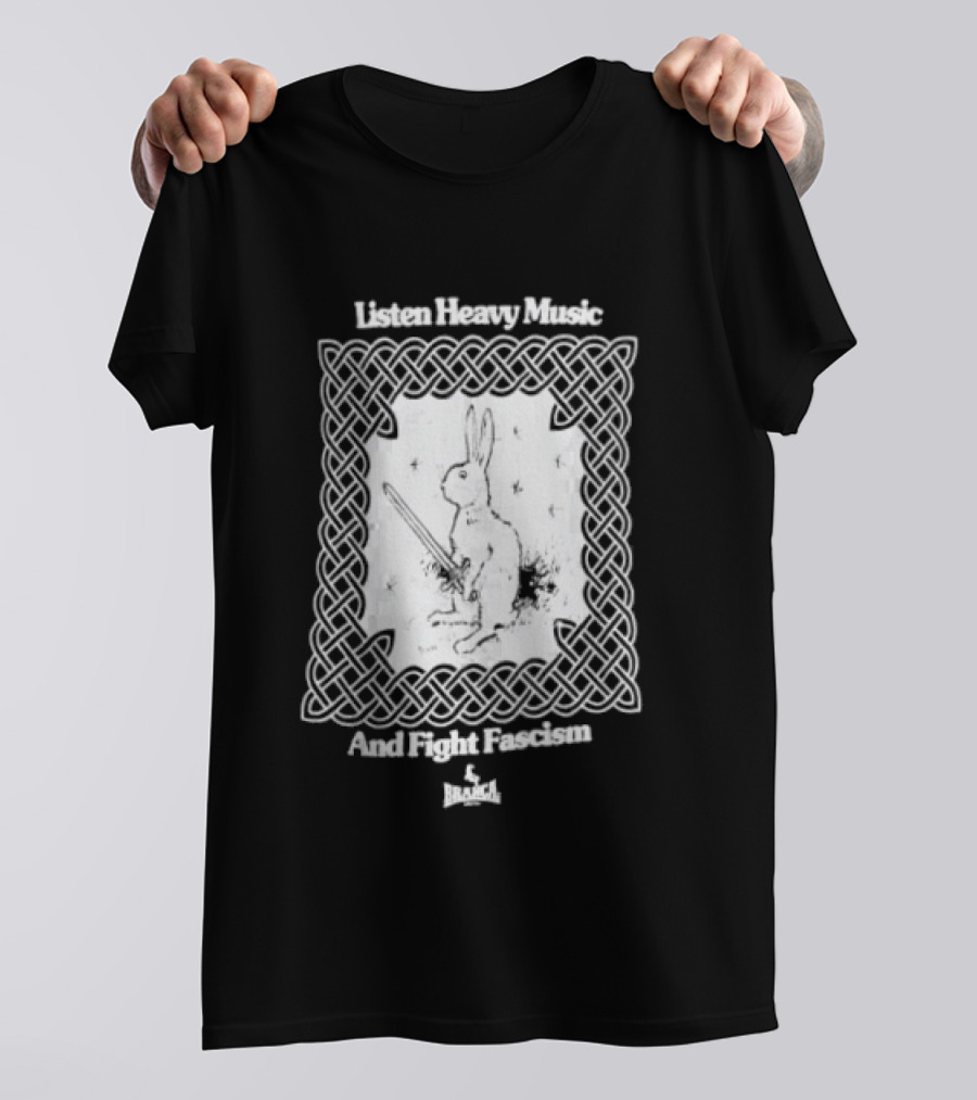 Listen Heavy Music And Fight Fascism Bunny With Sword Celtic Knot Frame T-Shirt