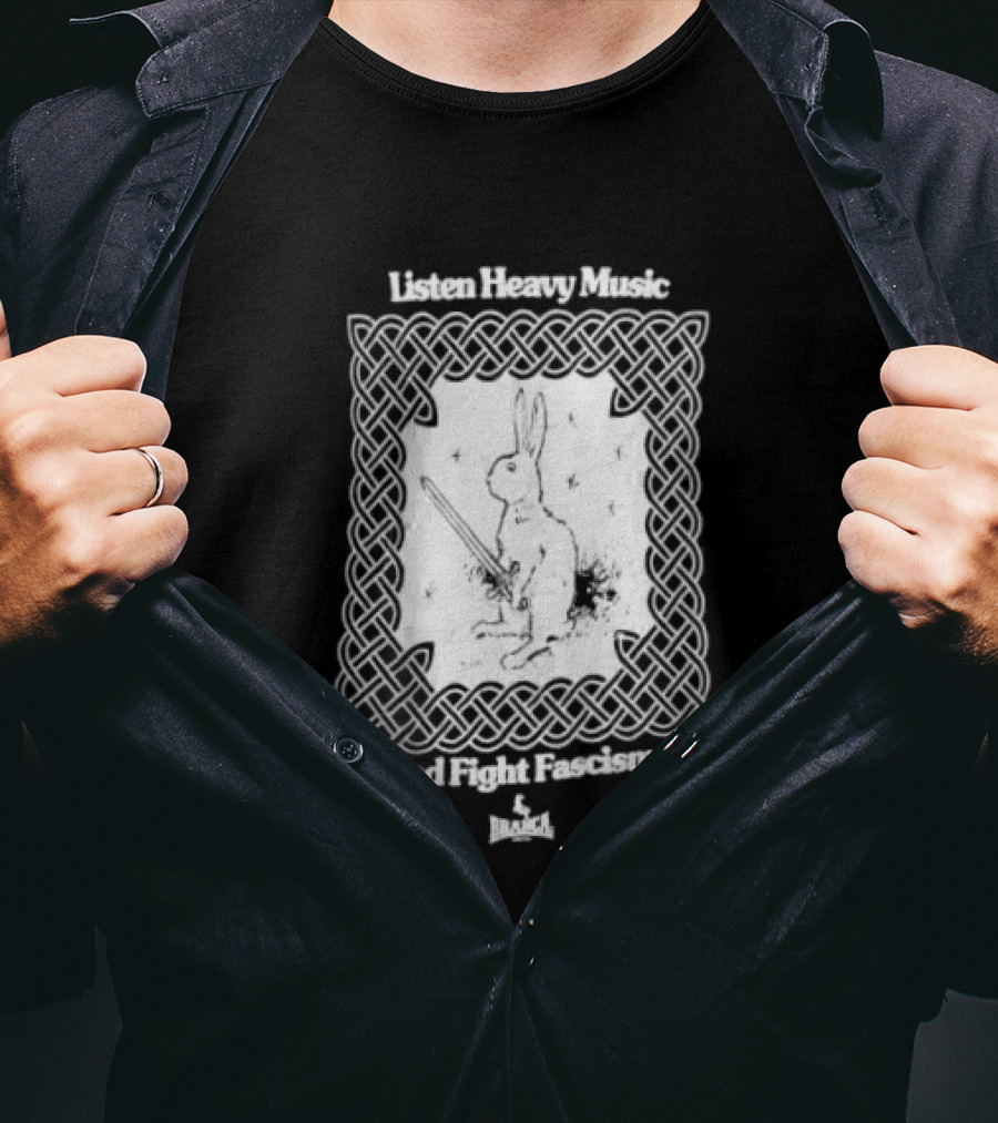 Listen Heavy Music And Fight Fascism Bunny With Sword Celtic Knot Frame T-Shirt