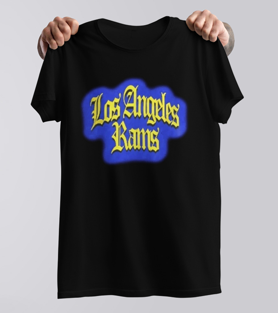 Los Angeles Rams Yellow Gothic Letters Blue Aura T-Shirt