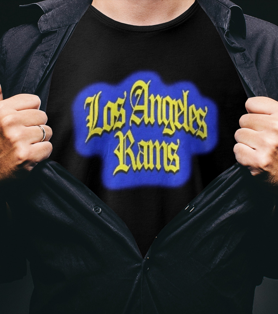 Los Angeles Rams Yellow Gothic Letters Blue Aura T-Shirt