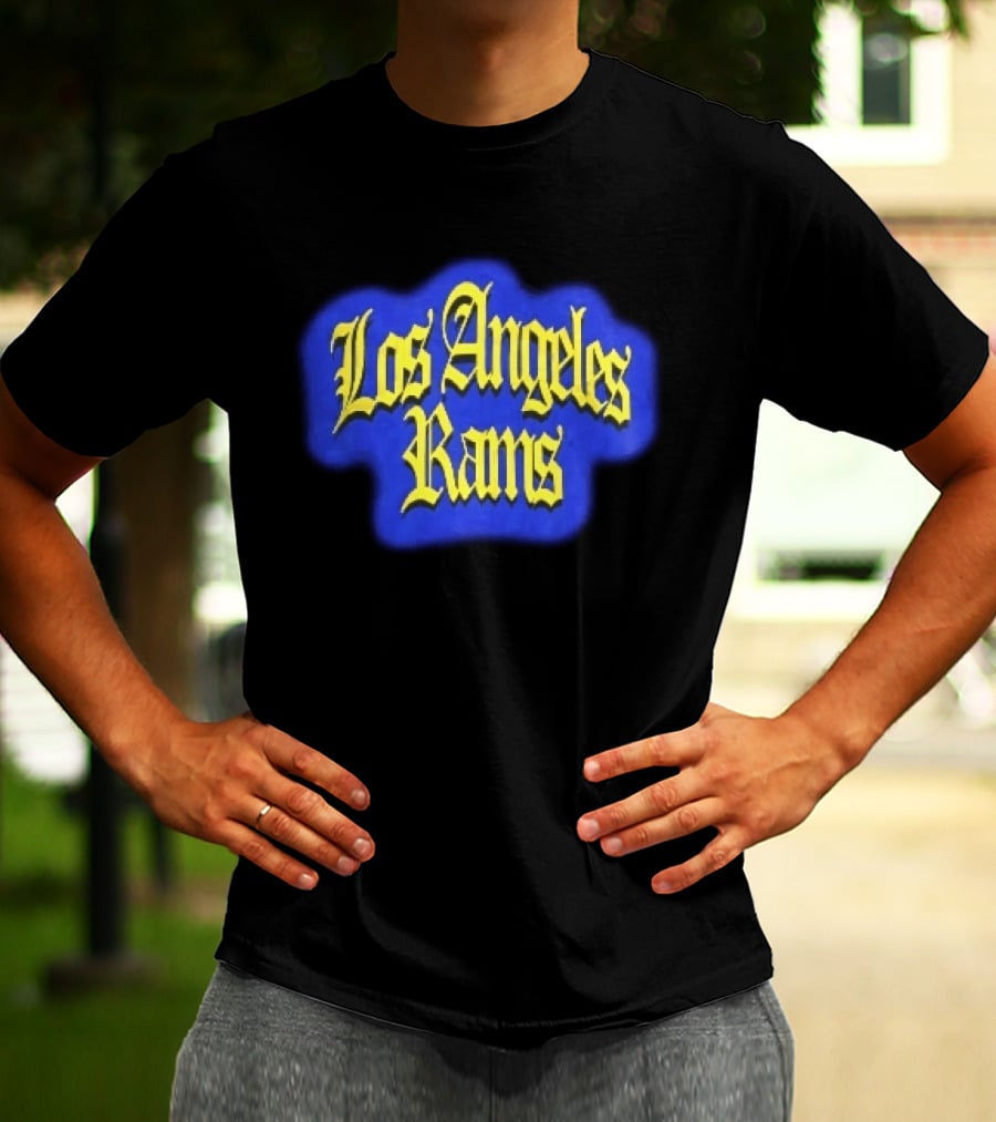 Los Angeles Rams Yellow Gothic Letters Blue Aura T-Shirt