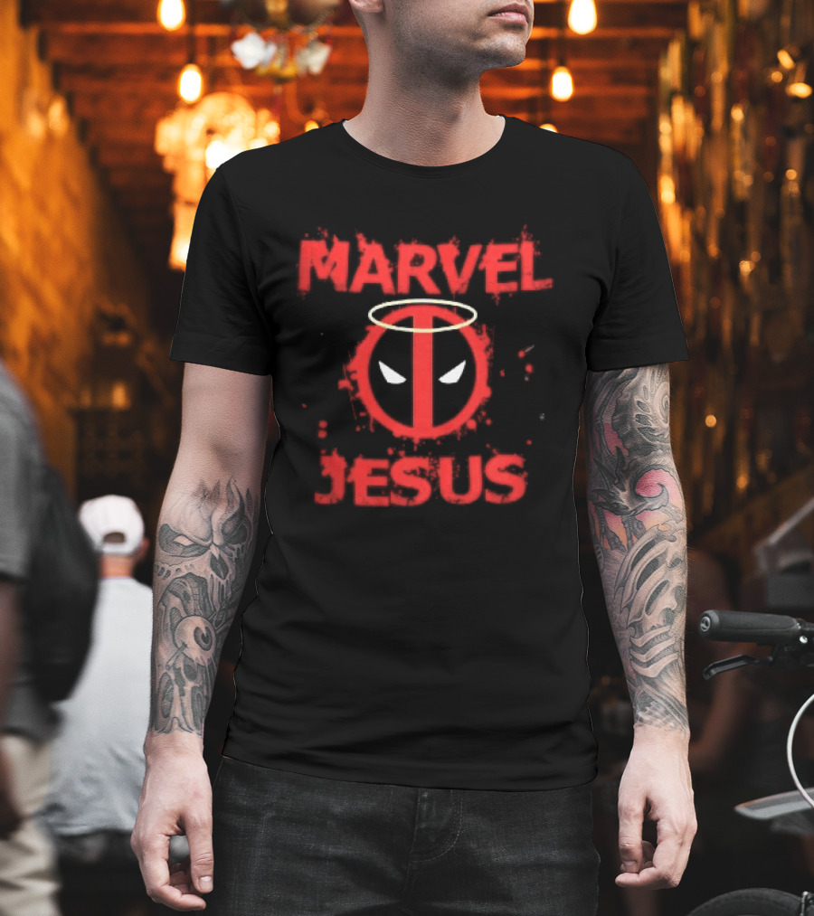 Marvel Jesus Distressed Deadpool Mask Yellow Halo Splatter T-Shirt