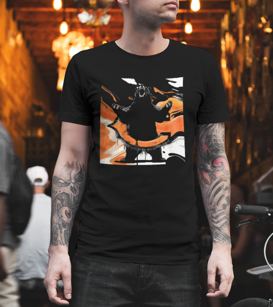 Roaring Black Bear Orange Liquid Swirls Dripping Banner T-Shirt