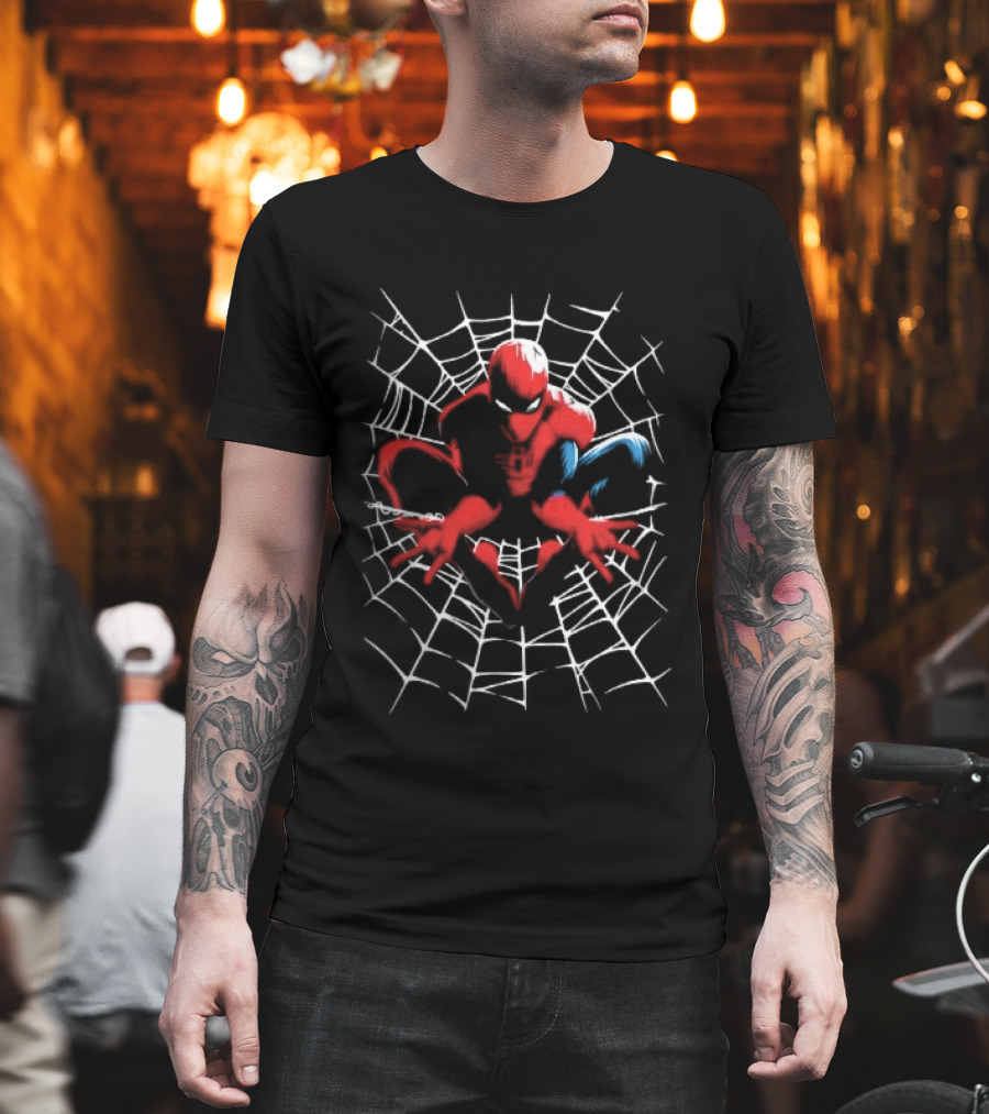 Marvel Spider Man Crouching Red Blue White Web Black T-Shirt
