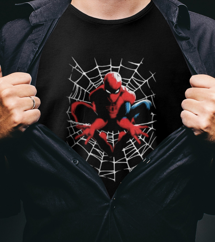 Marvel Spider Man Crouching Red Blue White Web Black T-Shirt