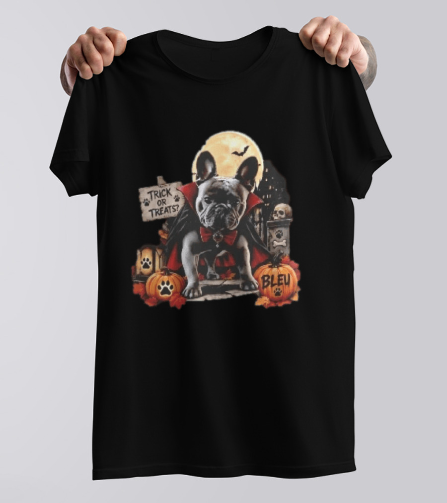 Trick Or Treats Bleu French Bulldog Vampire Cape Moon Pumpkins Halloween Scene T-Shirt