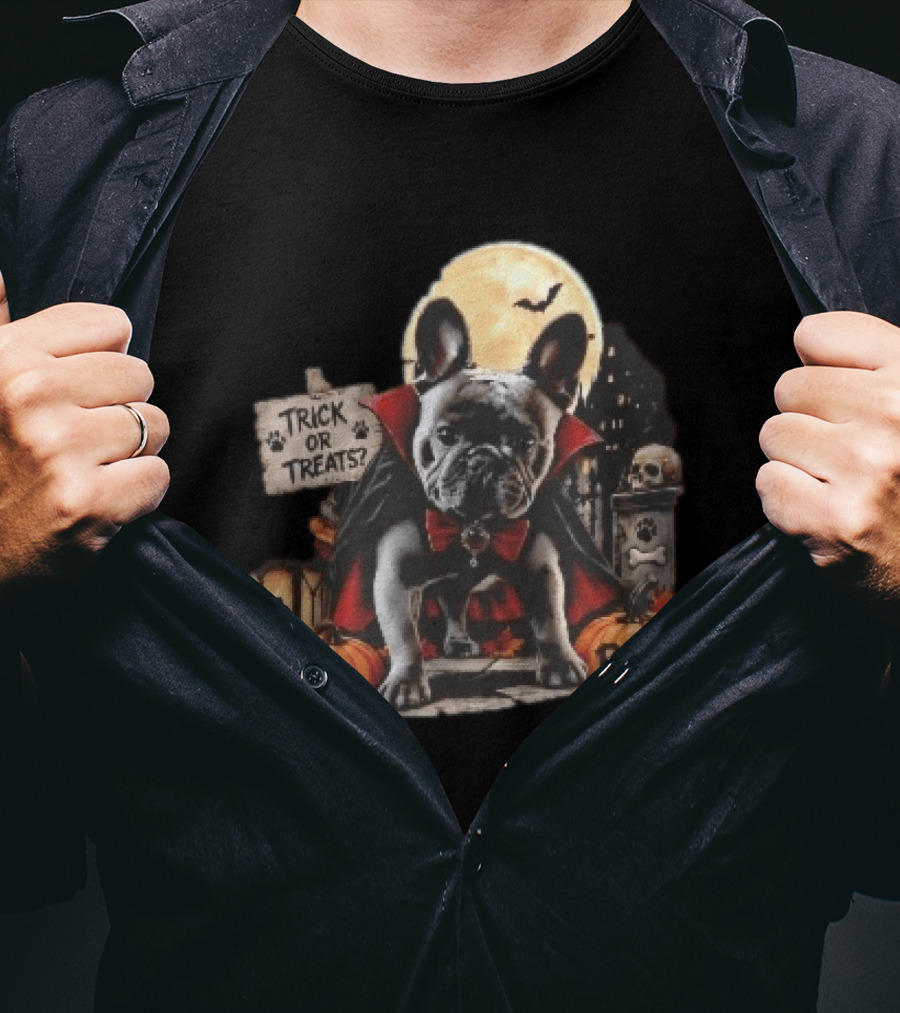 Trick Or Treats Bleu French Bulldog Vampire Cape Moon Pumpkins Halloween Scene T-Shirt