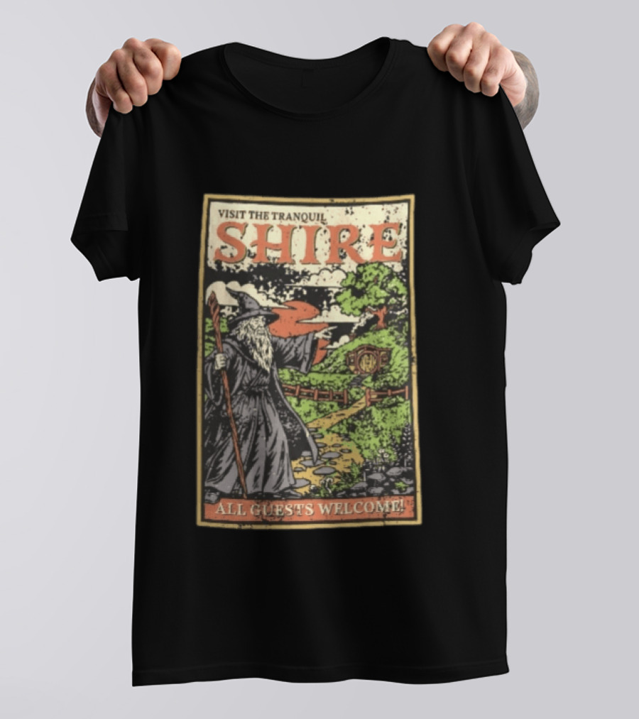 Visit The Tranquil Shire All Guests Welcome Gandalf Hobbit Hole Scene T-Shirt