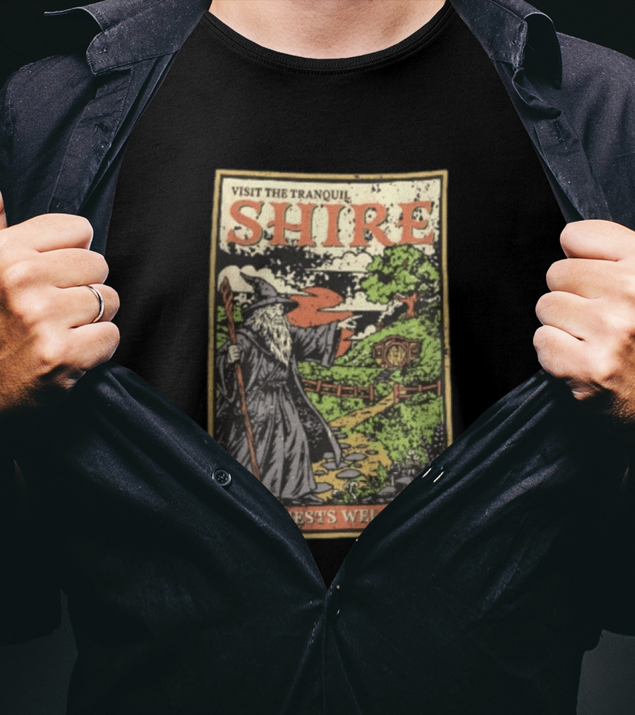 Visit The Tranquil Shire All Guests Welcome Gandalf Hobbit Hole Scene T-Shirt