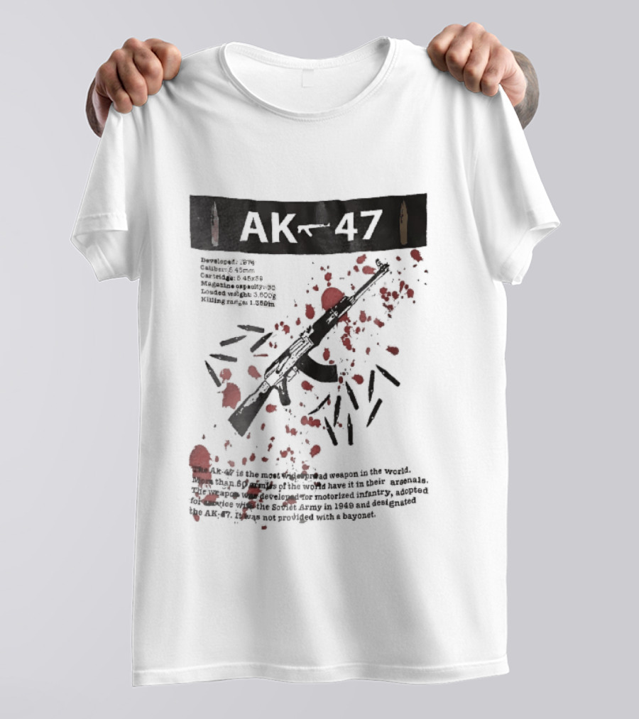 AK 47 1949 Rifle Sketch Red Blood Splatter Bullets Widespread Weapon Statistics T-Shirt