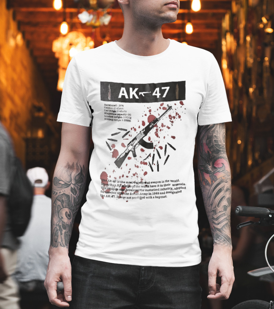 AK 47 1949 Rifle Sketch Red Blood Splatter Bullets Widespread Weapon Statistics T-Shirt