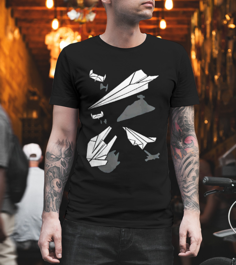 White Origami Paper Airplanes Star Wars Spaceship Shadow Illusions T-Shirt