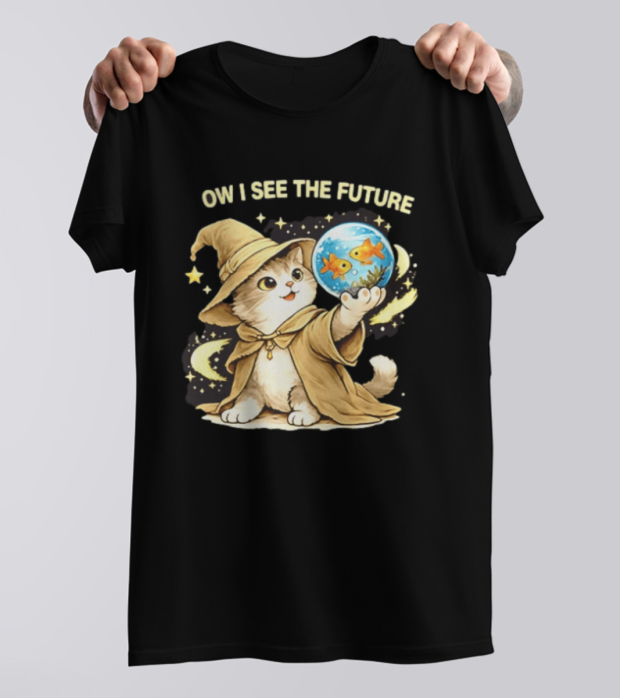 Wizard Cat Halloween Ow I See The Future Goldfish T-Shirt
